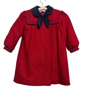 Vintage Rothschild Girls Red Sailor Collar Wool Blend Coat Navy Made USA SZ 6